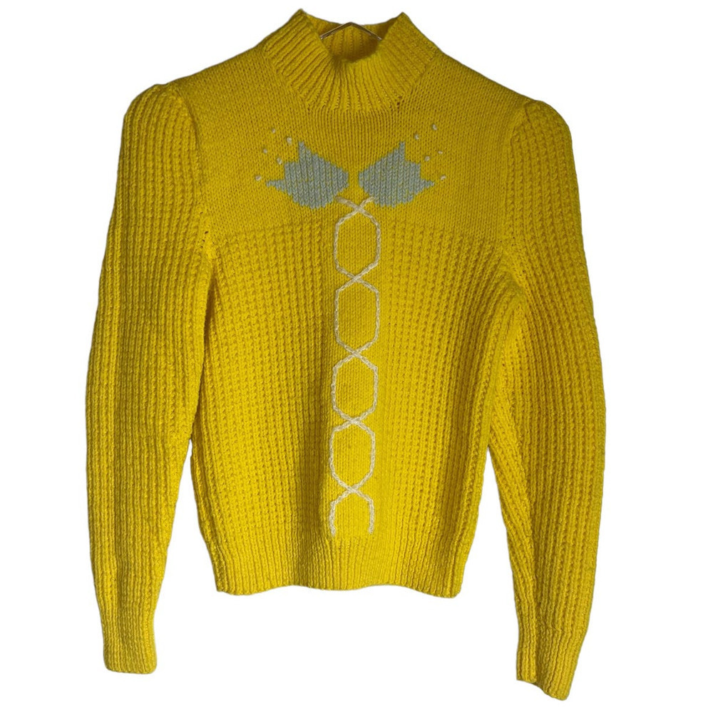 Vintage 1960's 1970's Hand Knitted Tulip Design Spring Yellow Sweater